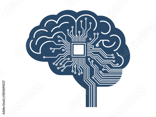 Illustration of a brain with a circuit board inside it in blue