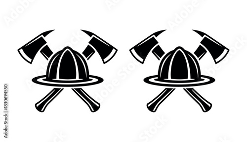Two firefighter emblems with helmet and crossed axes in black