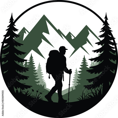 A vector illustration of a man with a backpack in a winter pine forest landscape with a Christmas tree silhouette under a snowy sky