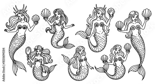 Enchanting Mermaid Collection - Hand-Drawn Mythical Sea Creatures.