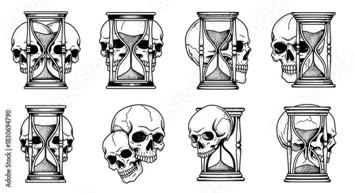 Skull Hourglass Collection Symbolizing Time and Mortality.