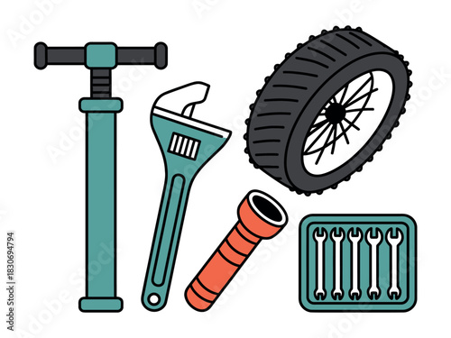 Illustration of a bicycle tire repair kit with pump wrench and other tools