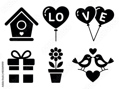 Illustration of birdhouse heart balloons gift flower and birds with hearts