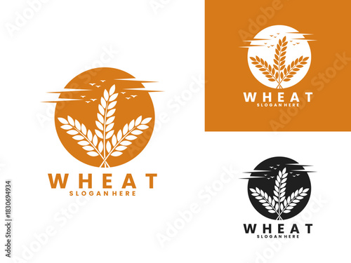 Wheat plant with sunset and birds logo design vector template. Wheat logo design icon