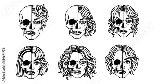 Set of Six Skull and Woman Face Hybrids in Black and White.