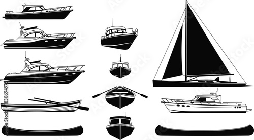 Set of boat silhouettes, luxury yacht and sailboat icons, rowing boat and canoe, marine transport vector collection, isolated on white background