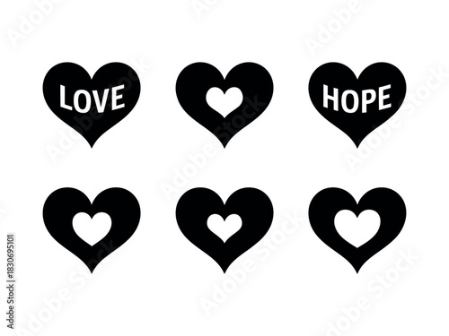 Six black hearts on a white background with love and hope text inside them
