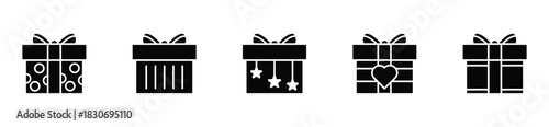 Black gift box icon set featuring present, surprise, and Christmas gift silhouettes in a modern outline style for graphic design.