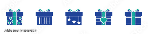Gift box icons collection in blueoutline style, including present, surprise, and Christmas gift symbols for graphic design resources.