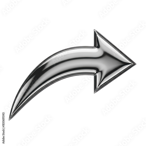 Shiny metallic silver curved arrow pointing to the right isolated on transparent background