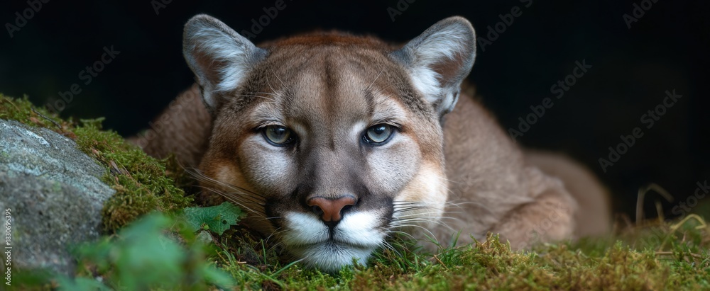 Obraz premium The mountain lion resting calmly on the earth quietly and peacefully