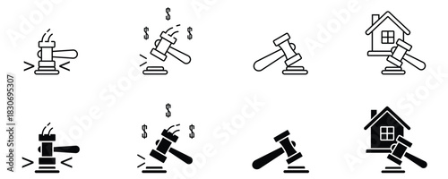 Auction Hammer Icons Collection – House, Money, and Justice Symbols