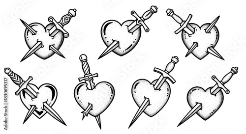 Collection of Tattoo Style Hearts Pierced by Daggers.