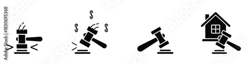 Auction Gavel Icon Set – Dollar Signs and House Symbols