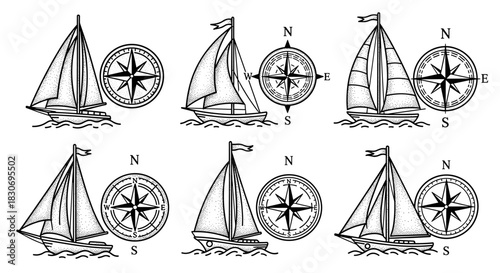 Set of Six Vintage Sailboats and Compasses Illustration.