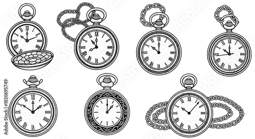 Collection of Vintage Pocket Watches with Chains and Roman Numerals.