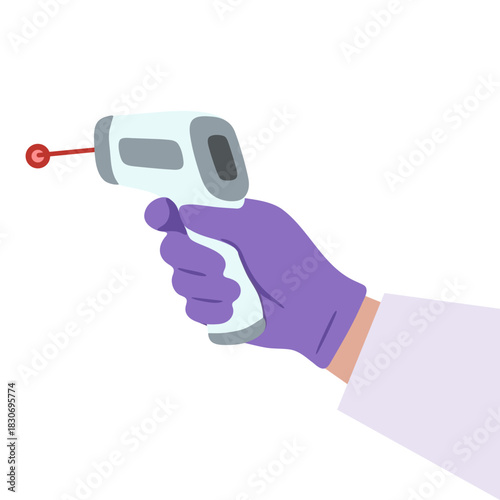 Gloved hand holding an infrared thermometer with a red laser. Fever measurement device for medical screening and health check.