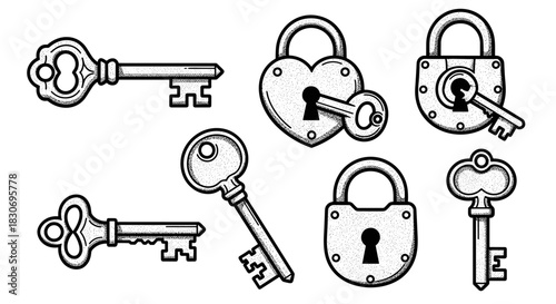 Collection of Vintage Locks and Keys Illustration.
