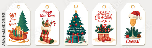 A set of five festive gift tags with Christmas, New Year themes a sleigh with gifts, stocking, decorated tree, knitted socks, glass of champagne with Santa hat. Vector illustrations for holiday desig