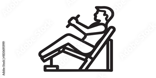 Human with exercise machine thin line icon, body building concept. Vector graphics. Athlete man doing abdomen training exercise sign on white background, style icon mobile or web design