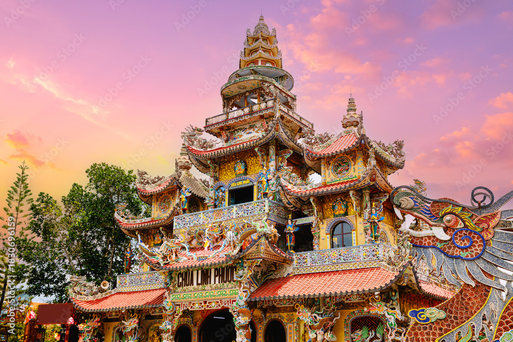 Fototapeta premium Aerial view Porcelain temple Linh Phuoc Pagoda Da Lat, Vietnam