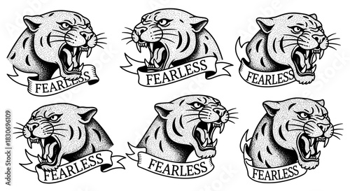 Set of six fierce tiger head illustrations with the word Fearless on banners.