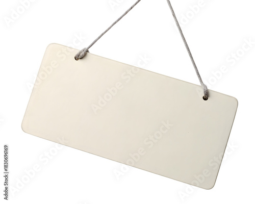 Blank rectangular sign hanging by string: customizable business advertisement, shop announcement, or informational notice board (144 chars)