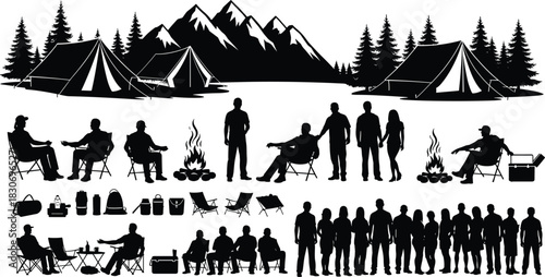 Set of camping silhouettes, people, tents and mountains, nature outdoor adventure collection, isolated, cad drawing flat vector illustration.