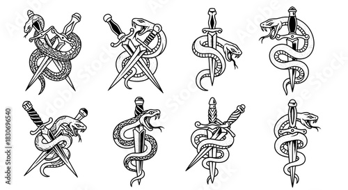 Snakes and Daggers - Tattoo Designs in Black and White.