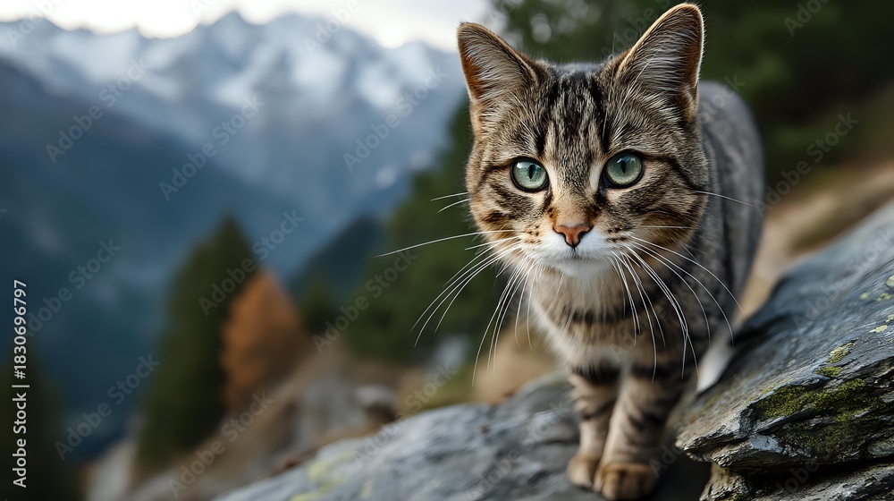 Fototapeta premium Tabby cat with alert green eyes exploring rocky mountain terrain against backdrop of snow-capped peaks in wilderness setting.