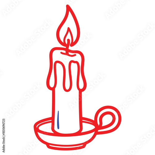 Illustration of a burning candle in a holder with red outline against white backdrop perfect for holiday themes