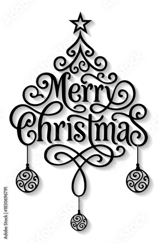 Stylish Merry Christmas calligraphy forming a decorative tree with ornaments and star, elegant festive vector art, Christmas, typography, calligraphy, tree, ornament, holiday, festive, greeting