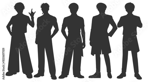 Set vector illustrations of silhouettes kpop idols singing and dancing on stage. Flat vector kpop boyband. Male dancers with various different styles, poses and choreography.