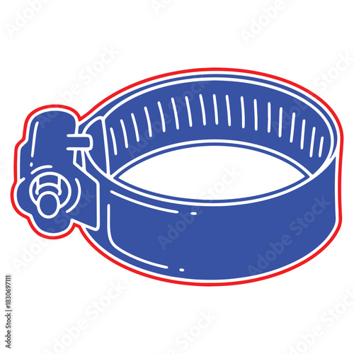 Illustration of a hose clamp on white background with bright blue and red outline style for automotive and plumbing use