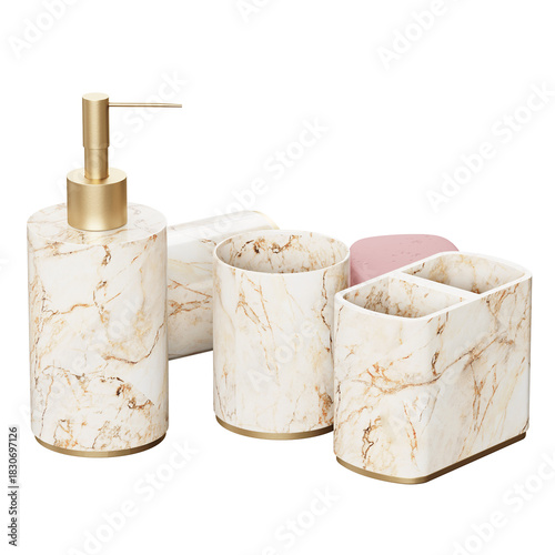 Set of bathroom accessories with a marble finish