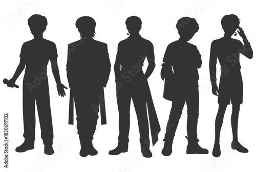 Set vector illustrations of silhouettes kpop idols singing and dancing on stage. Flat vector kpop boyband. Male dancers with various different styles, poses and choreography.