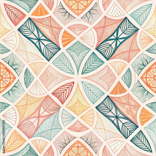 Colorful geometric pattern of stylized leaves and abstract mandala shapes in soft pastel tones