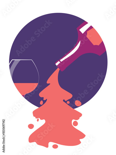 Restaurant poster, banner, wine bar, flat design: cognac bottle, glass, Christmas tree, drinks. New Year's celebration concept, party, T-shirt print, strong alcohol illustration