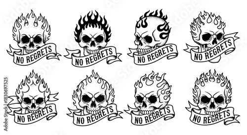 Flaming Skull Tattoo Designs with No Regrets Banners.