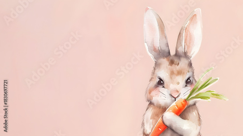 simple watercolor rabbit holding carrot pastel