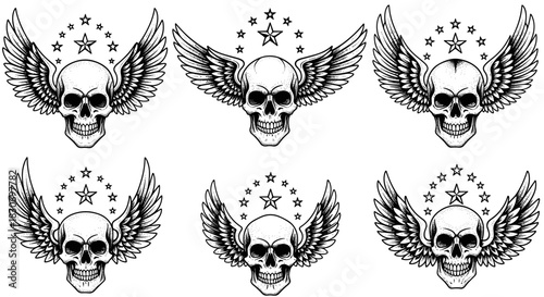 Set of Six Winged Skulls with Stars Emblematic Designs.