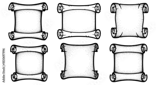 Set of six blank parchment scrolls with rolled edges.