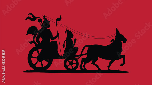Epic chariot ride silhouette against a vibrant red background showcasing ancient tradition and cultural heritage with an artistic shadow play effect