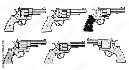 Collection of six vintage revolver handguns in black and white illustration style.