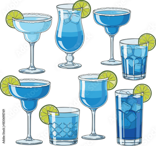  Create a kinds of deferent Blue margarita with lime garnish vector art with white background.