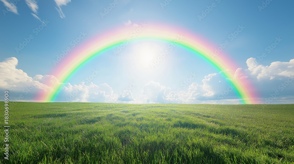 Naklejka premium 青く澄んだ空にかかる大きな虹が印象的な癒し系昼間の風景イラスト。自然、虹、空、雲、明るい、やさしい、背景素材としてもおすすめ。