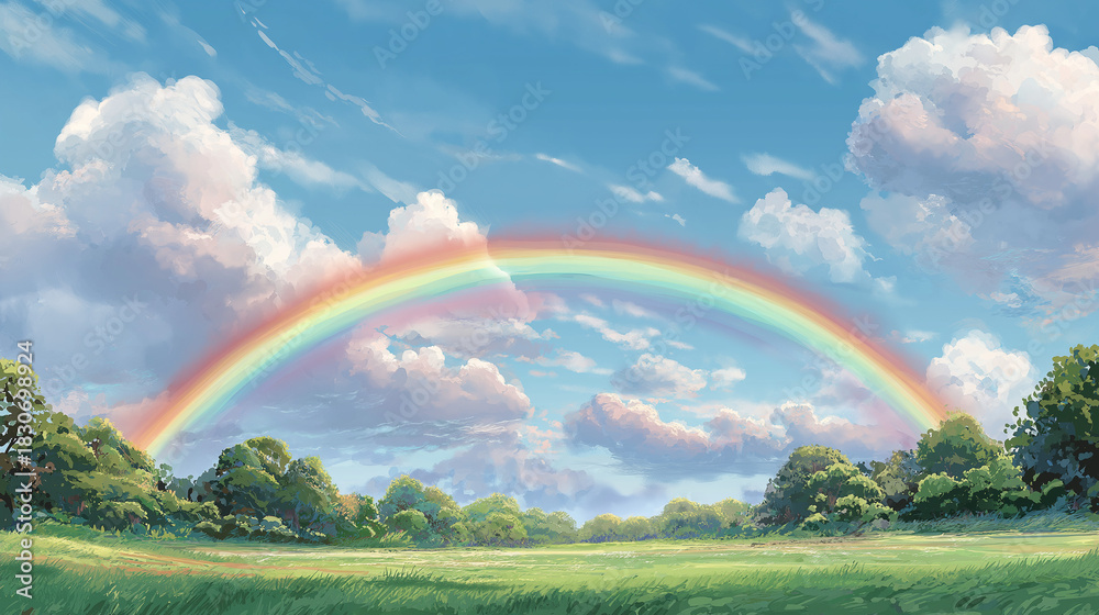 Obraz premium 七色の虹が空いっぱいに広がり、白い雲が調和する開放感ある昼の風景イラスト素材。自然、虹、空、草原、明るい、癒し、ナチュラルな印象の画像に最適。