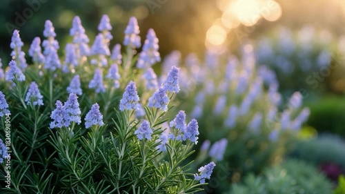 Close-up of lavender flowers blooming in bright morning sunlight with soft focus on lush greenery and blurred background highlighting floral arrangement and vibrant colors