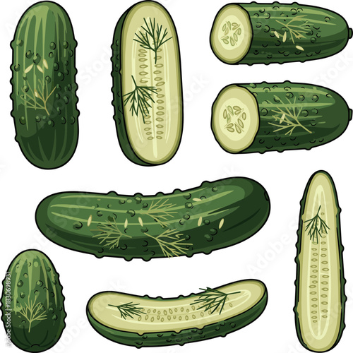 Create a kinds of deferent Dill pickle vector art with white background