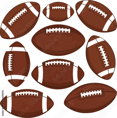 Create a kinds of deferent classic brown American football with white laces is perfectly ideal sports themes. vector art with white background..